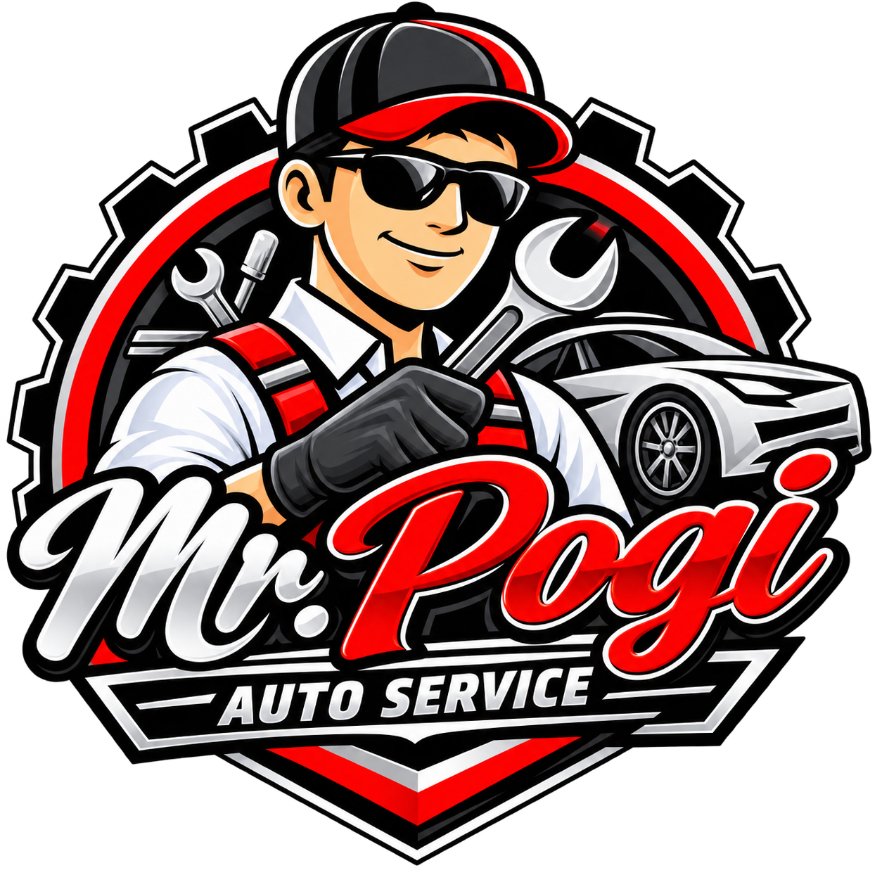 Art-directed placeholder showing a mobile mechanic servicing a sedan in a suburban driveway